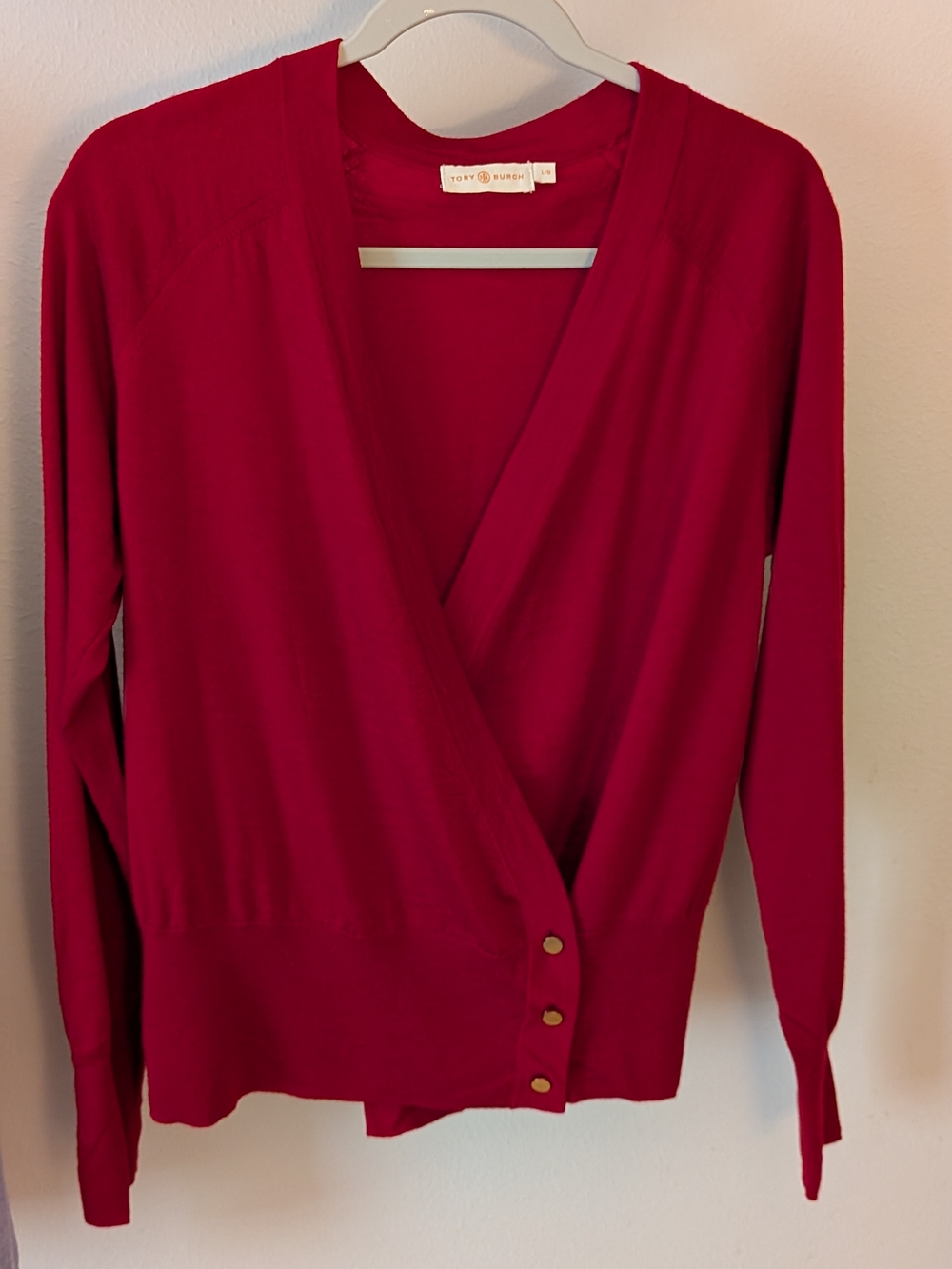 Tory Burch Kendall Wrap Merino Cardigan Red Gold Button Sweater L